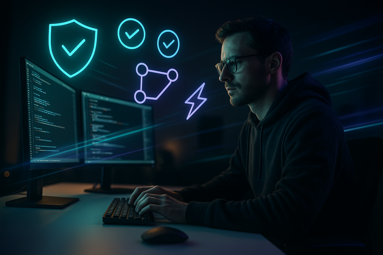 Photorealistic photography. A focused solo developer in a sleek, modern studio at night, seen from a dynamic three-quarter low angle. Multiple monitor